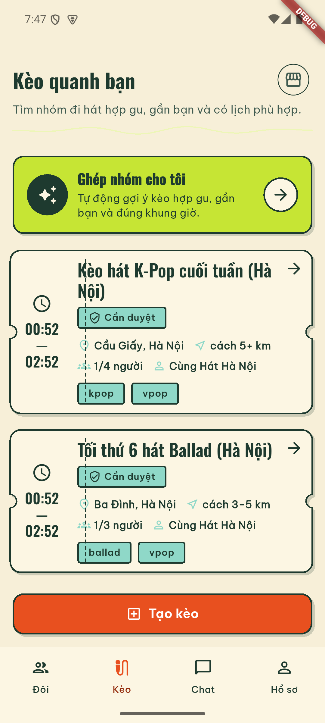 Cùng Hát development screen showing the Kèo board with sample karaoke outings, genre tags, distance bands and a create-outing button.